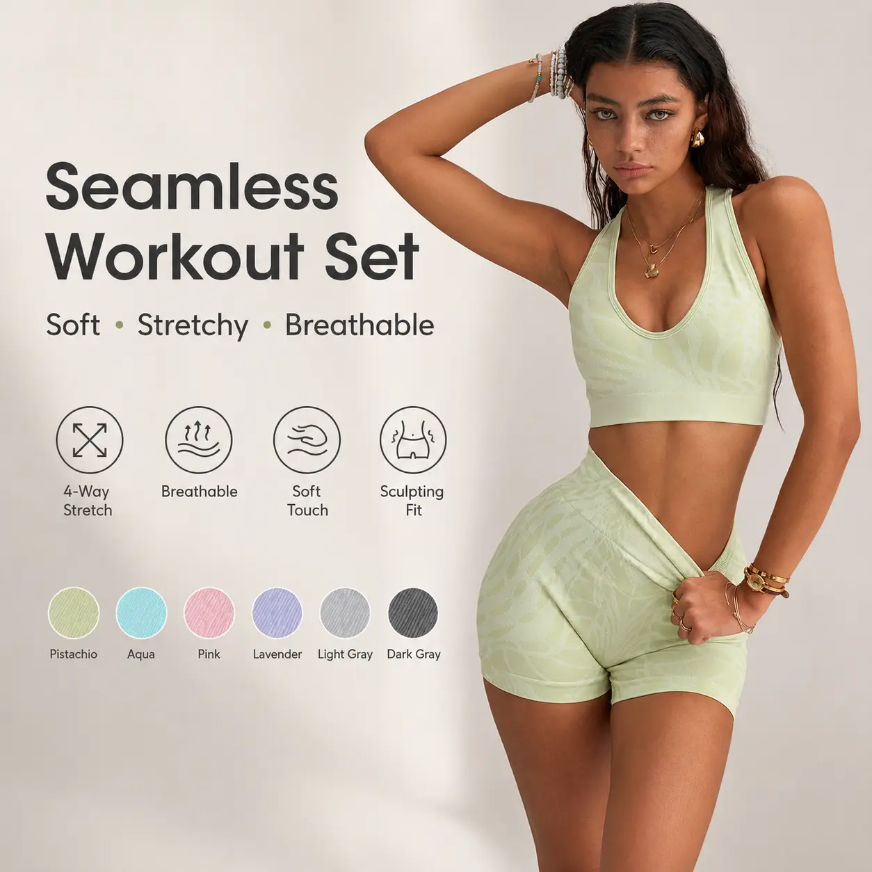 Seamless Workout Set for Women, 2 Piece Scrunch Butt High Waist Yoga Shorts & Racerback Sports Bra Outfit, 4-Way Stretch Soft Breathable Sculpting Gym Activewear for Running Training Daily Wear