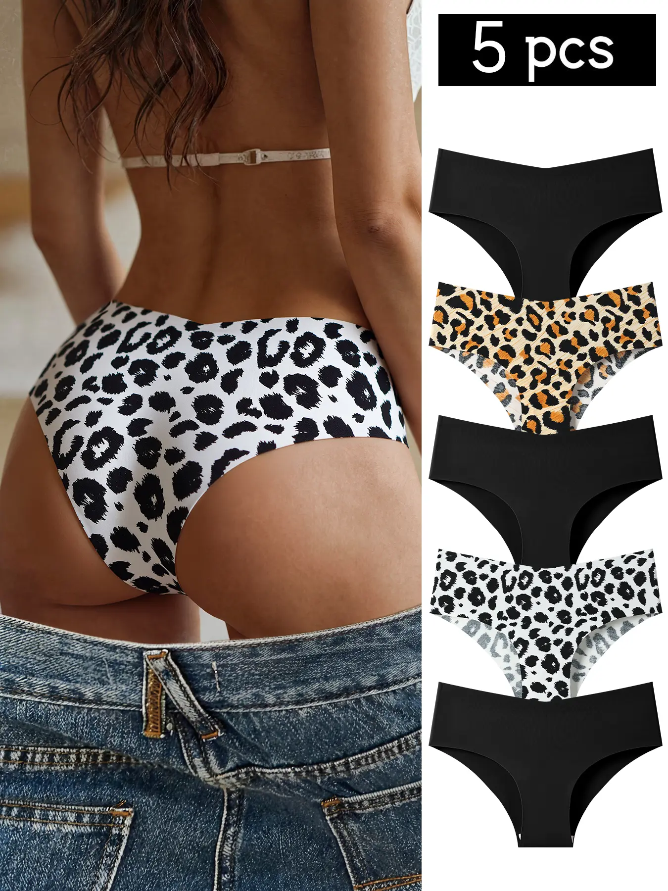 Hotcom Underwear Set, 5-Piece Women's Seamless Breathable Cheetah Print Briefs - Minimalist Fitted Triangle Lingerie for Thanksgiving & Halloween, Lady, Elegance, Style