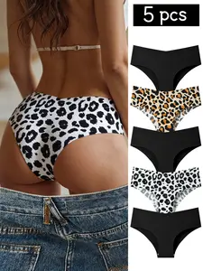 Hotcom Lady's 5pcs Minimalist Leopard Print Underwear Set - Breathable, Elegance-Infused, Soft Briefs, Fitted Triangle Lingerie, All-Season Casual Seamless Panties