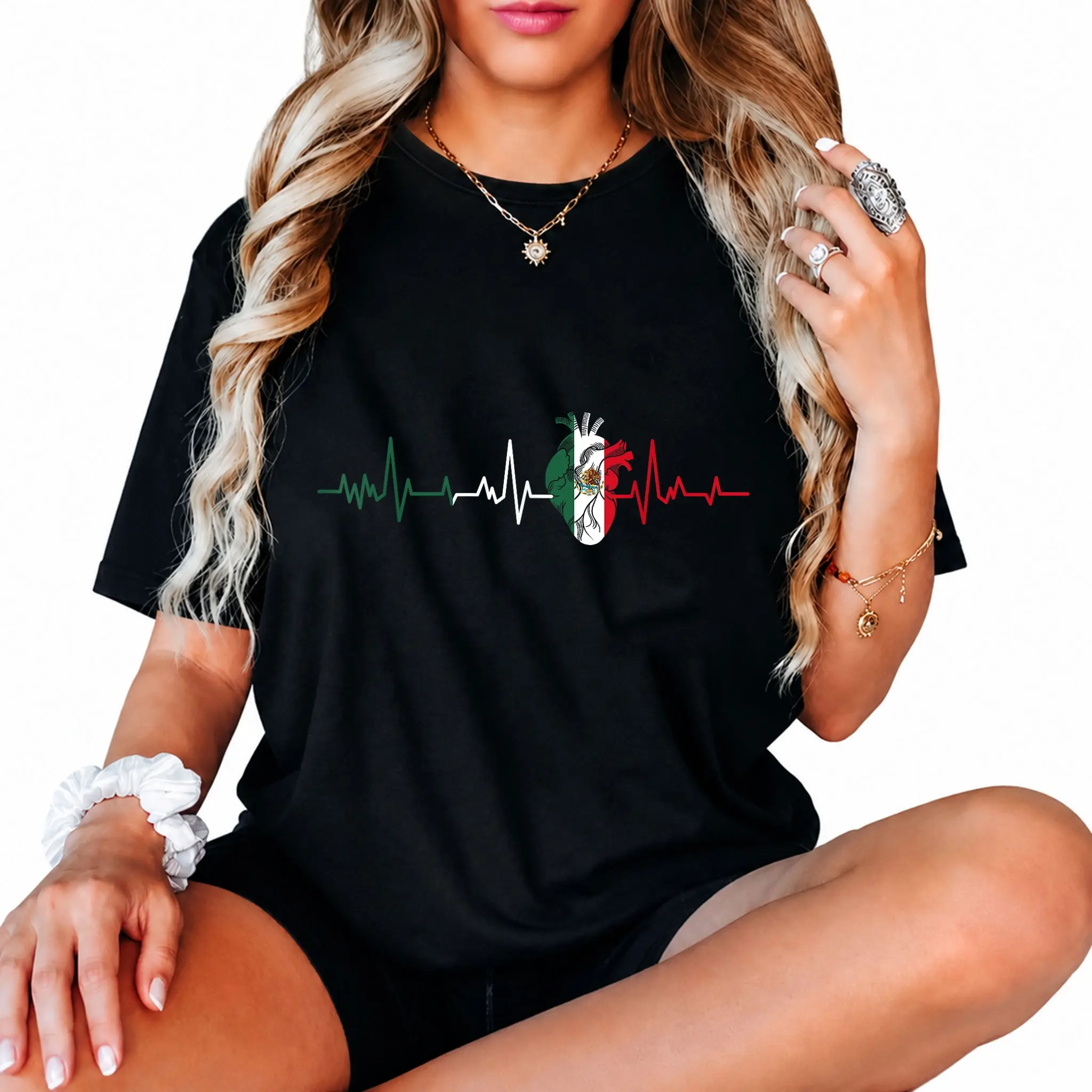 100% Cotton Unisex Mexico flag Heartbeat for Mexican Pride Mexican Flag root T-Shirt