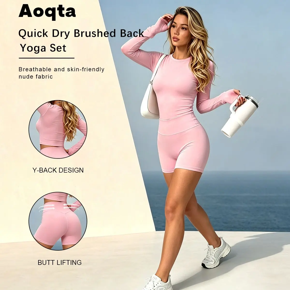 Women's Aoqta 2-Piece Quick-Dry Fleece Nude Yoga Set - Y-Back Long-Sleeve Cropped Tops for Women, High-Waisted Butt-Lifting Cycling Shorts, Sport Ready Matching Activewear Set for Fitness, Going Out Tops