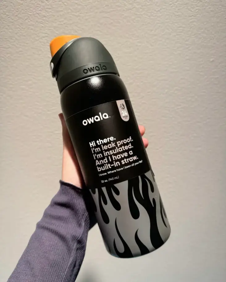 Owala 32oz Flame Stainless Steel Water Bottle - Matte Black Silver Finish, 24hr Cold Leakproof Insulated Vacuum Flask with Lid, Reusable Washable Portable Stylish Travel Tumbler