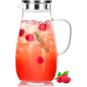 Glass Pitcher with Lid, Water Pitcher for Fridge, 64oz Drink Jug with handle, Borosilicate Glass for Iced , Juice, Milk, Coffee Hot Cold Beverages Carafe 2 Quart