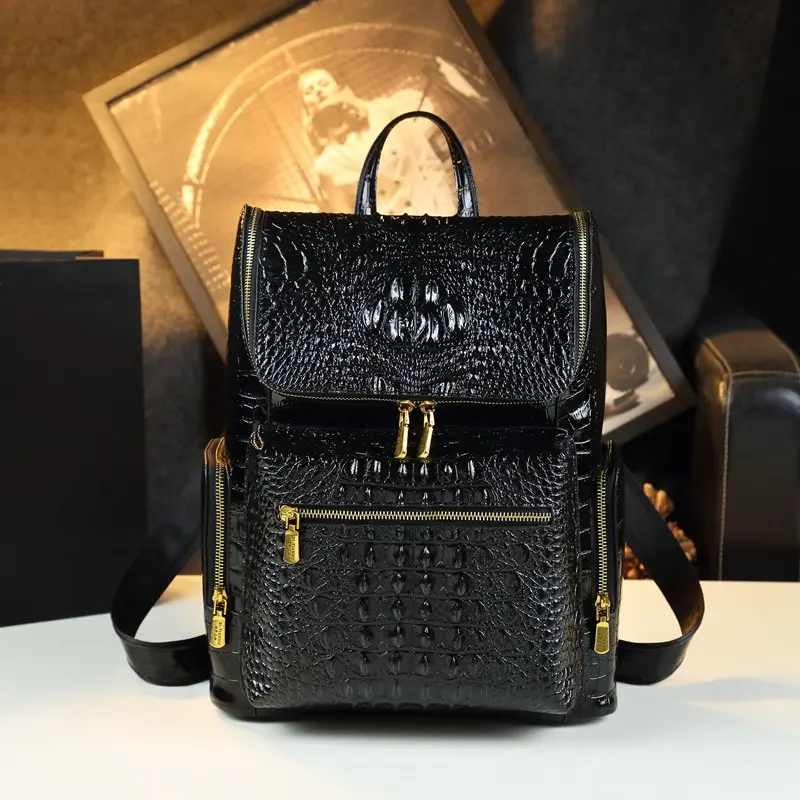 Unisex Chic Casual Black Glossy Croco Pattern Backpack - Metal Hardware, Zip Closure, Antitheft Multiple Pockets, Large-Capacity Travel & Commuter Laptop Backpack