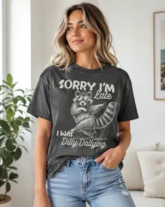 Comfort Colors Raccoon Dilly Dallying Shirt, Funny Sorry I’m Late Trash Panda Graphic Tee Print Tee, Andrew Clothings