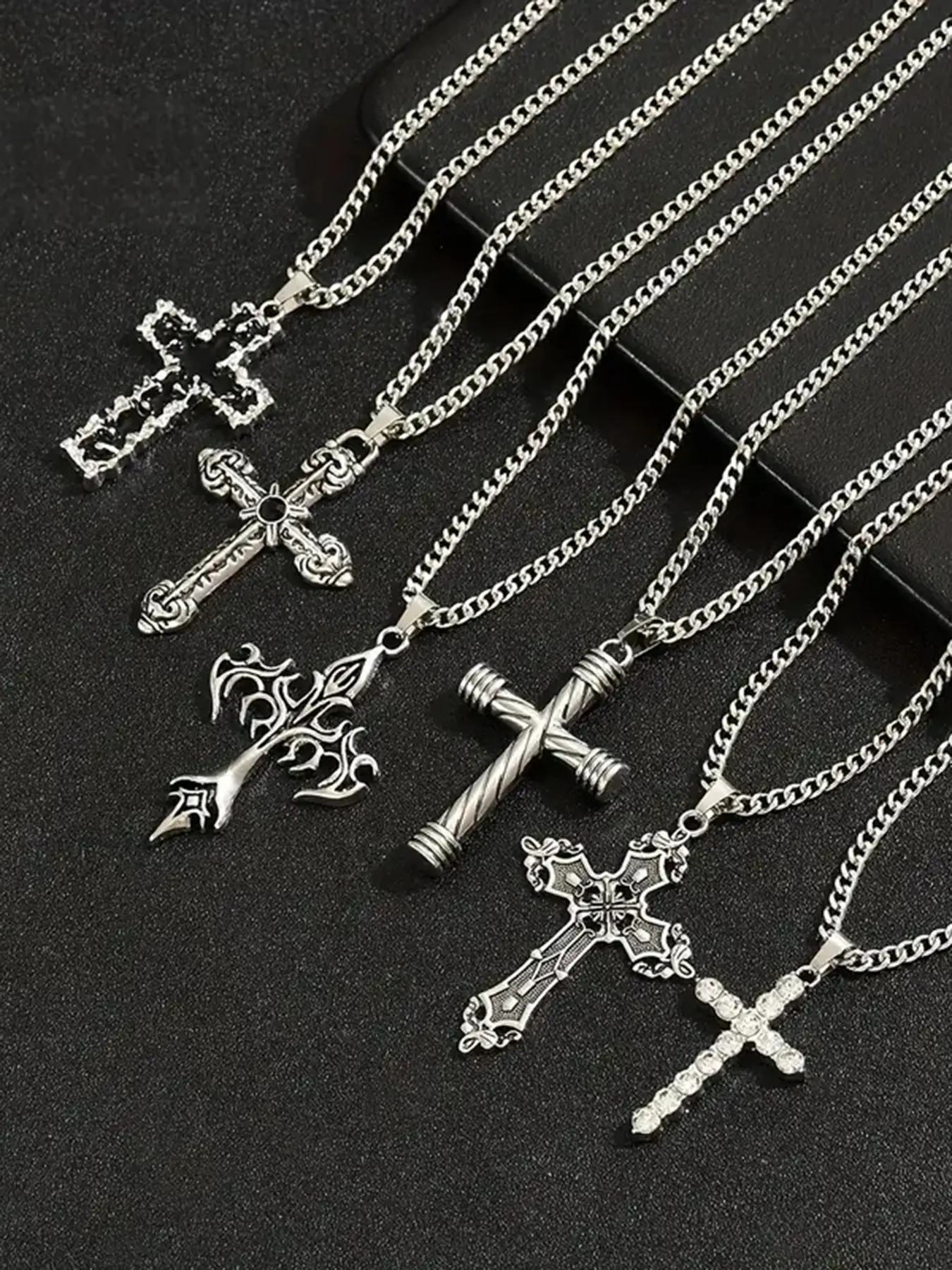 6Pcs Vintage Cross Pendant Necklace Men's Set, Stainless Steel Chain, Artificial Crystal Inlay, Hip Hop Punk Style, Daily Wear Party Decor Gift, Necklaces Men, Necklace Pendant Jewelry, Decorative Necklace, Pendants Necklace Chains, Fashion Necklace