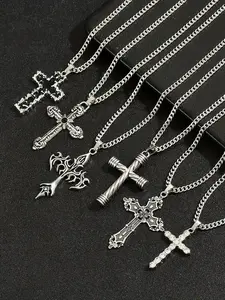 6Pcs Vintage Cross Pendant Necklace Men's Set, Stainless Steel Chain, Artificial Crystal Inlay, Hip Hop Punk Style, Daily Wear Party Decor Gift, Necklaces Men