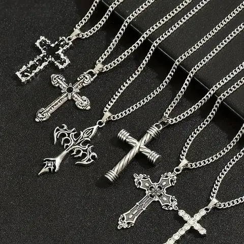 6Pcs Vintage Cross Pendant Necklace Men's Set, Stainless Steel Chain, Artificial Crystal Inlay, Hip Hop Punk Style, Daily Wear Party Decor Gift, Necklaces Men, Necklace Pendant Jewelry, Decorative Necklace, Pendants Necklace Chains, Fashion Necklace