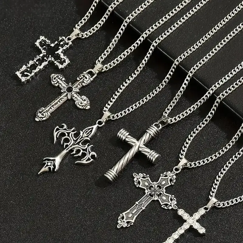 6Pcs Vintage Cross Pendant Necklace Men's Set, Stainless Steel Chain, Artificial Crystal Inlay, Hip Hop Punk Style, Daily Wear Party Decor Gift, Necklaces Men, Necklace Pendant Jewelry, Decorative Necklace, Pendants Necklace Chains, Fashion Necklace