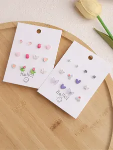 Cute Floral & Butterfly Stud Earrings Set for Women - 6 Pairs Pink Tulip Heart Earring Pack for Daily Wear