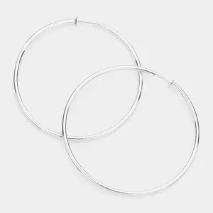 Extra Large Silver Metal Hoop Earrings | Clip On | 3.2" | 142494