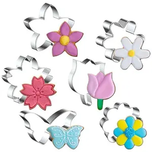 6PCS Flower Cookie Cutter Set, 3 Inches Flower Shaped Cookie Cutter-Daisy, Tulip, 3 Shaped of Flowers, Butterfly, Stainless Steel Cookie Cutters, Baking Tool for Homemaking Cookie