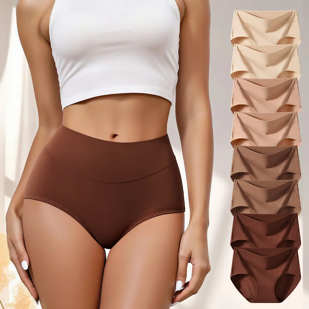 Hotcom Women's Preppy High-Waisted High-Cut Smooth Cotton Briefs - 4/8 Pcs, Comfortable Soft Gentle Cotton Touch Panties, Double-Layer Crotch, Elastic Band, Minimalist Fit, Modest Recovery Underwear, S-XXXL Plus Size, Leg-Flattering Beige, 4 Pcs, Comforta