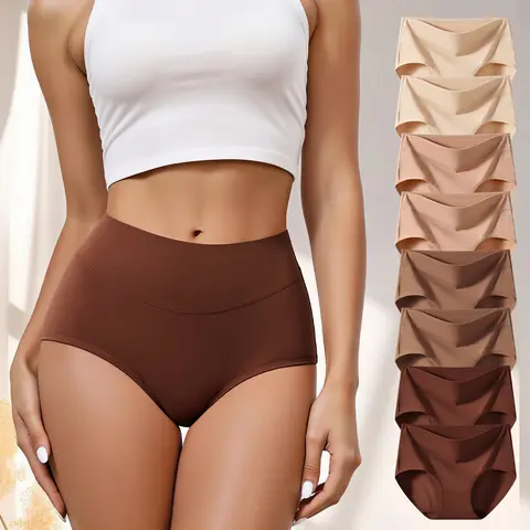 Hotcom Women's High-Waist Preppy Cotton Blend Panties (4 Pcs) - Basic, Chic, Retro, Stretchy, Soft, Double Layer Crotch, Stretch Waistband Stays Put, Minimalist Fit, Modest Recovery, High-Cut Hips-Flattering Shape, S-XXXL Plus Size, Beige, Hand Wash Only