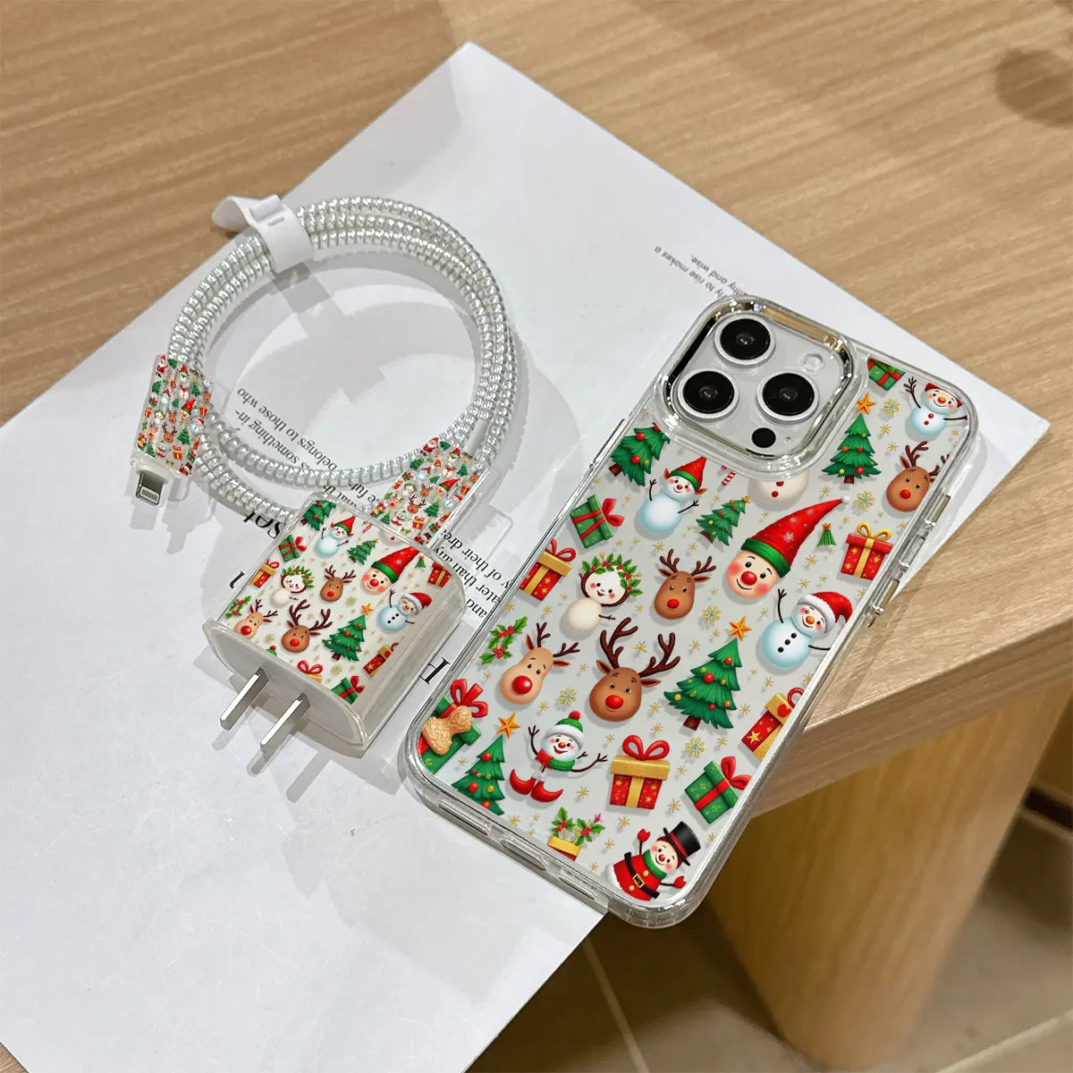 6-Piece Set iPhone Case Metal Frame Transparent Christmas Snowman & Reindeer Pattern, Charging Head Cover, Data Cable Protector, Storage Rope
