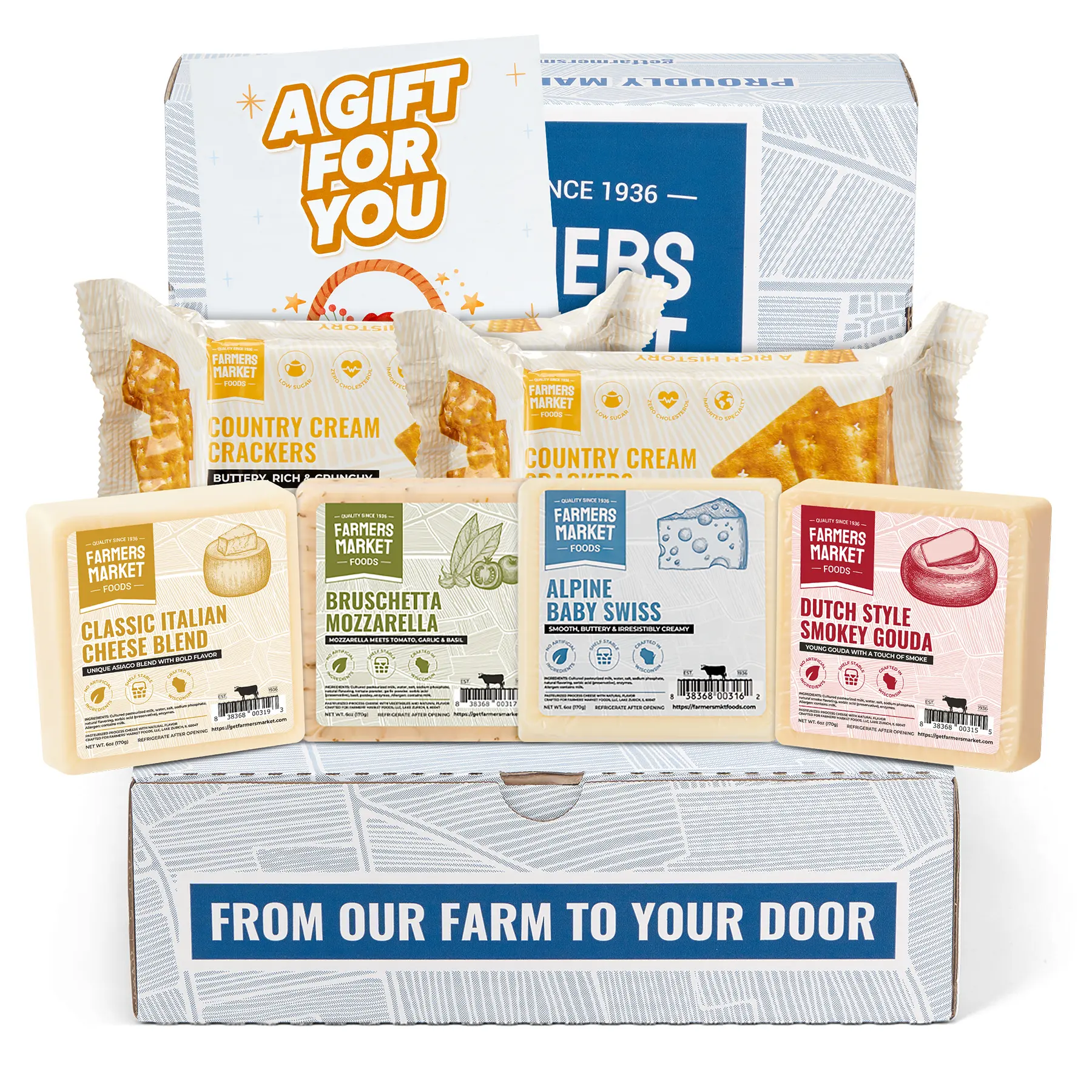 Farmers Market World Cheese Gift Basket - Gourmet Wisconsin Protein Milk Cheese Set with Gouda, Swiss, Mozzarella, Italian Blend, Crackers, Holiday Card, Keto Friendly, Low Sugar Snack Box for Party Snacks, Low Sugar Lifestyle, Gift Basket Ideas