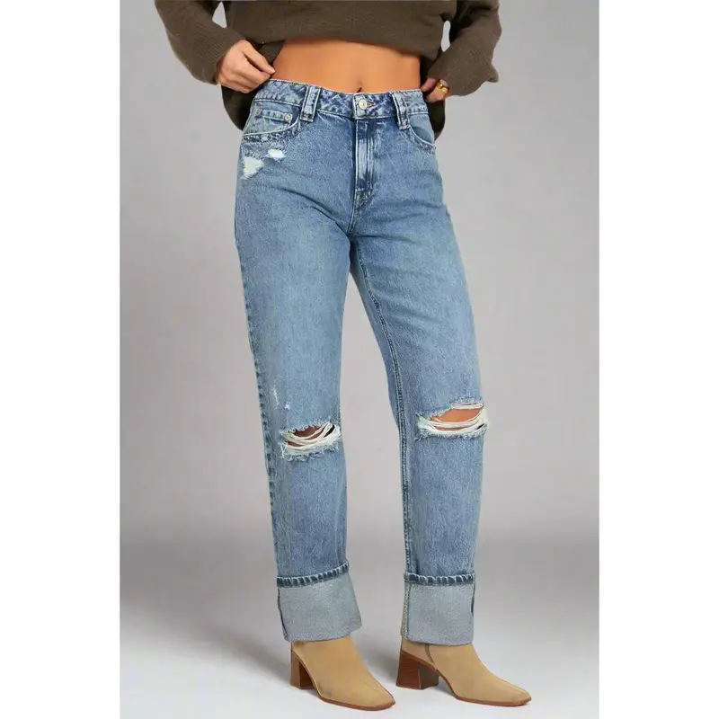 Cuffed Straight Ankle Jeans - Vintage Blue/Black