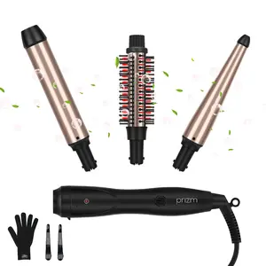 Prizm 3-in-1 Interchangeable Barrel 32mm Curling Iron Set-0.6 to 1.25 Inch Tapered Curling Wand with Thermal Brush, Travel Dual Voltage Hair Wand Curler,Fast Heat,Ionic Anti Frizz Champagne Gold