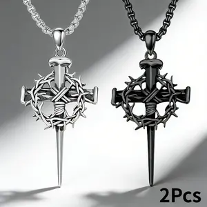 2pcs Thorn Crown Cross Pendants with Three Nails - Inspirational Christian Jewelry Gift Set for Easter, Christmas, Baptism & Religious Events
