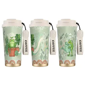 1pc 18OZ Cute Frog & Succulents Coffee Cup, Aesthetic Nature Theme, Leak-proof Thermos Cold Water Cup, Suitable for Hot And Cold Beverages, Ideal for Students, Office, Home, Teacher's Day Gifts beverage coffee bottle drinkware