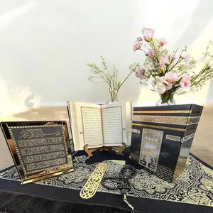 SAIKA Muslim Prayer Rug Set: Velvet Quran, Kaaba design box, Ayat El Kursi tabletop, prayer beads, bookmark, and Janamaz Salah mat