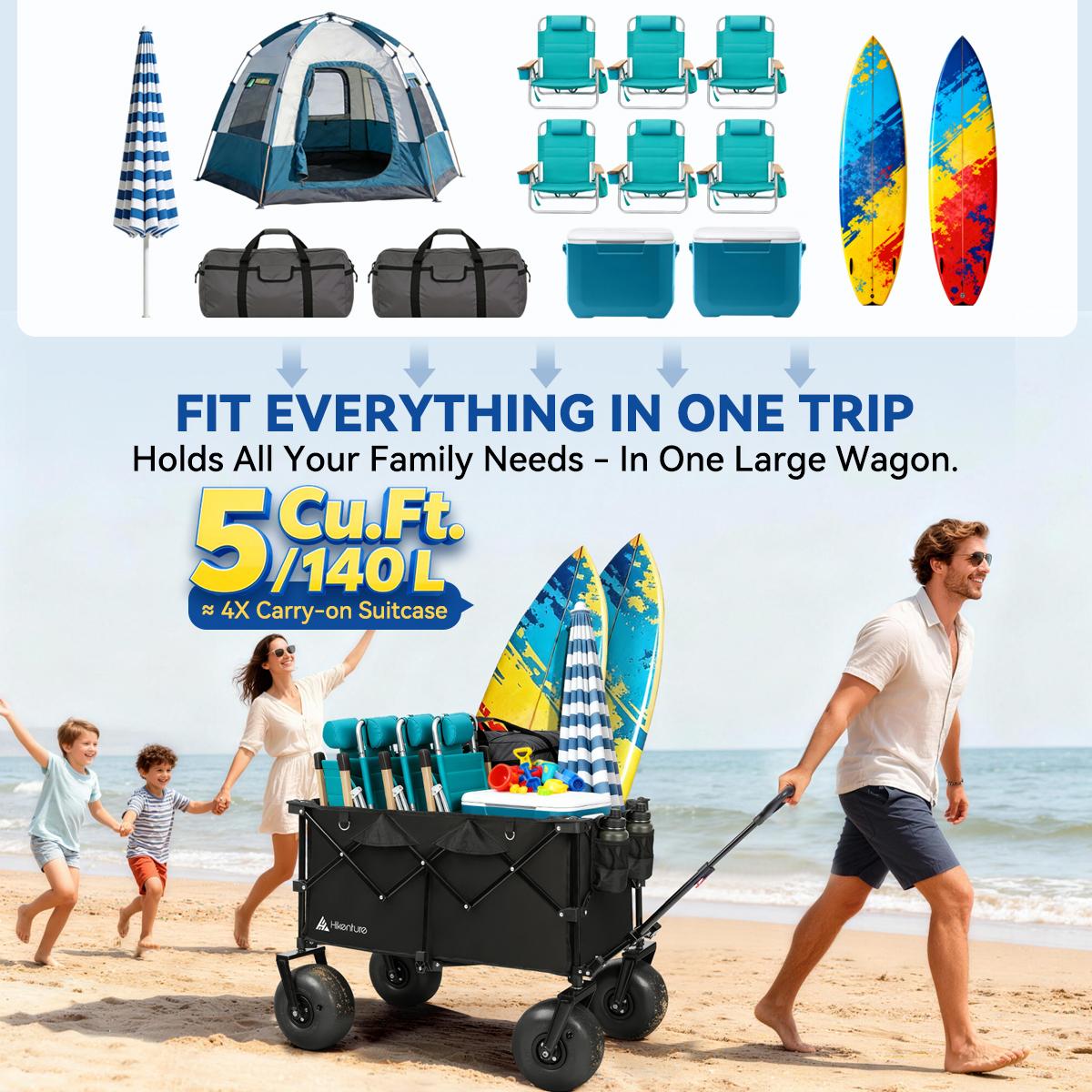 Hikenture Beach Wagon with Balloon Wheels, 9" PU Tires Collapsible Wagon, 440lbs Heavy Duty Beach Cart with Big Wheels for Sand, Large Capacity Utility Wagons Carts Foldable