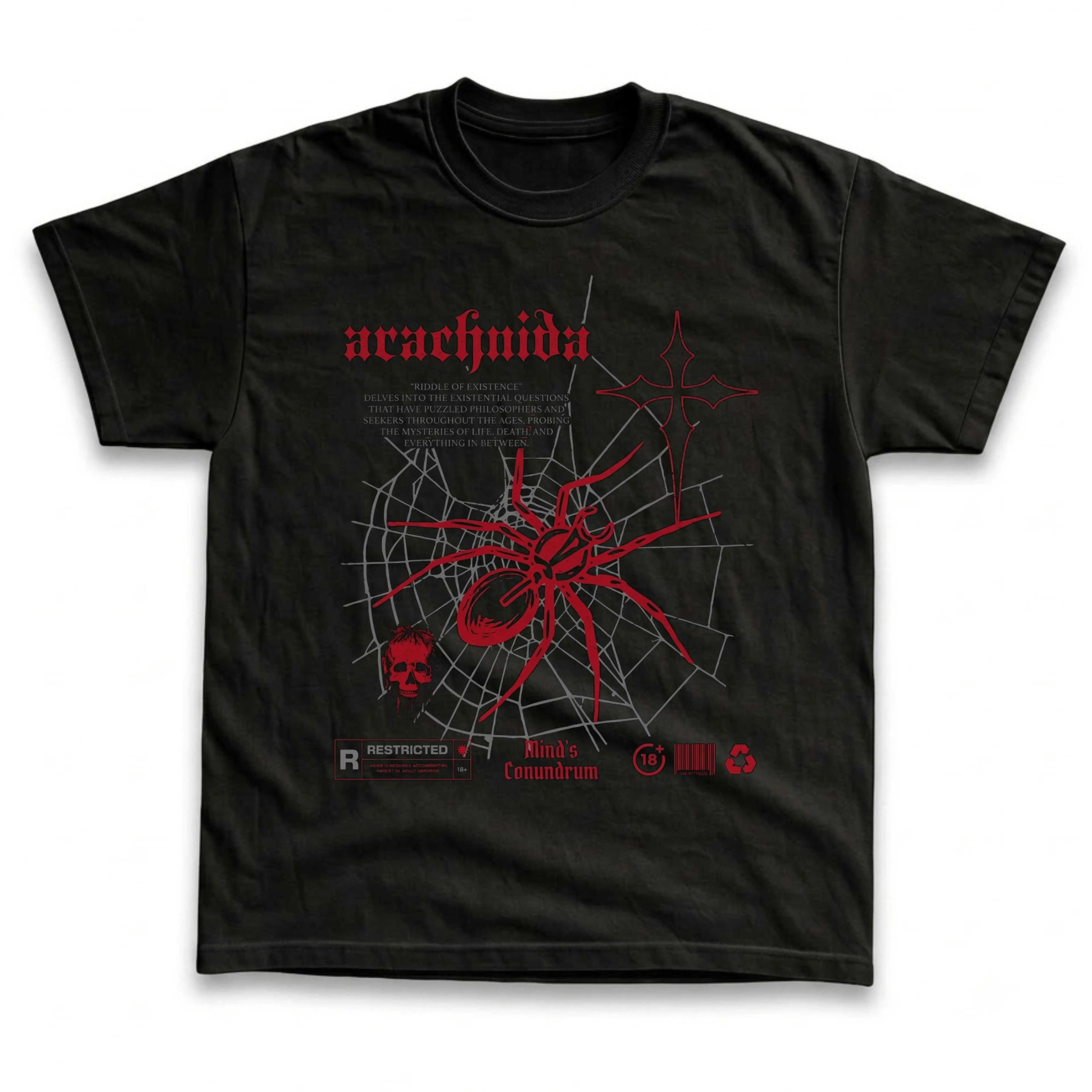 Gildan Men's and Women's T-Shirt, Vintage Red Spider Graphic Tee, Gothic Arachnida Web Shirt, Cyber Sigilism Cross Top, Y2K Grunge Dark Aesthetic Streetwear Shirt, Cool Goth Spider Art Gift Idea, Retro Alt Apparel Unisex