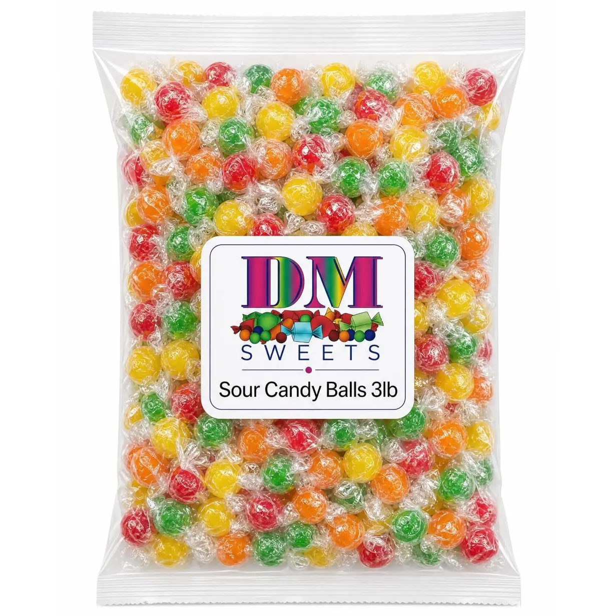Assorted Sour Balls Candy - 3 lb Bulk Bag of Individually Wrapped Orange Lemon Strawberry Cherry Green Apple Hard Sweets