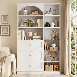 Cyclysio 80" Tall Arched Bookcase with 3 Drawers and 9-Tier Open Shelves,Freestanding Bookshelf Kitchen Pantry Storage Cabinet with Adjustable Shelves