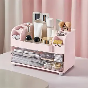 Classic Pink Makeup Organizer for Vanity with Brush Holder, Large Bathroom Countertop Cosmetic Storage for Lipsticks, Nail Polishes, Perfumes, Eyeshadow Palettes, Dustproof Home Organizer for Skin Care & Desk Jewelry box multi-layer design