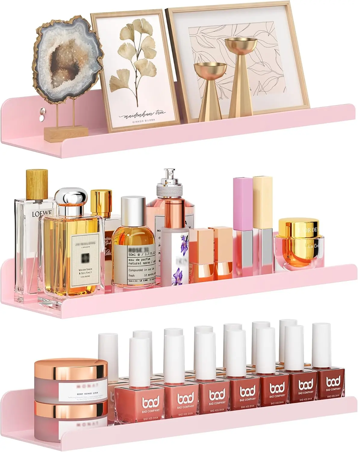 Floating Shelves for Wall Decor, 15" Wall Shelves for Bedroom, Living Room, Kitchen, Bathroom Decor, Nail Polish/Book/Decoration/Makeup/Perfume Organizer Floating Shelf-3Pack Pink