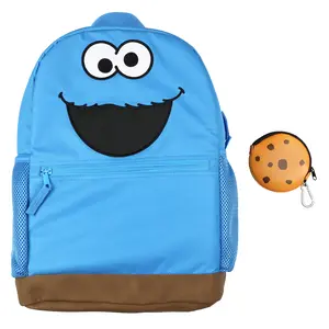 Sesame Street Backpack Cookie Monster Character 16" Book Bag with Keychain Cookie Tech Coin Pouch