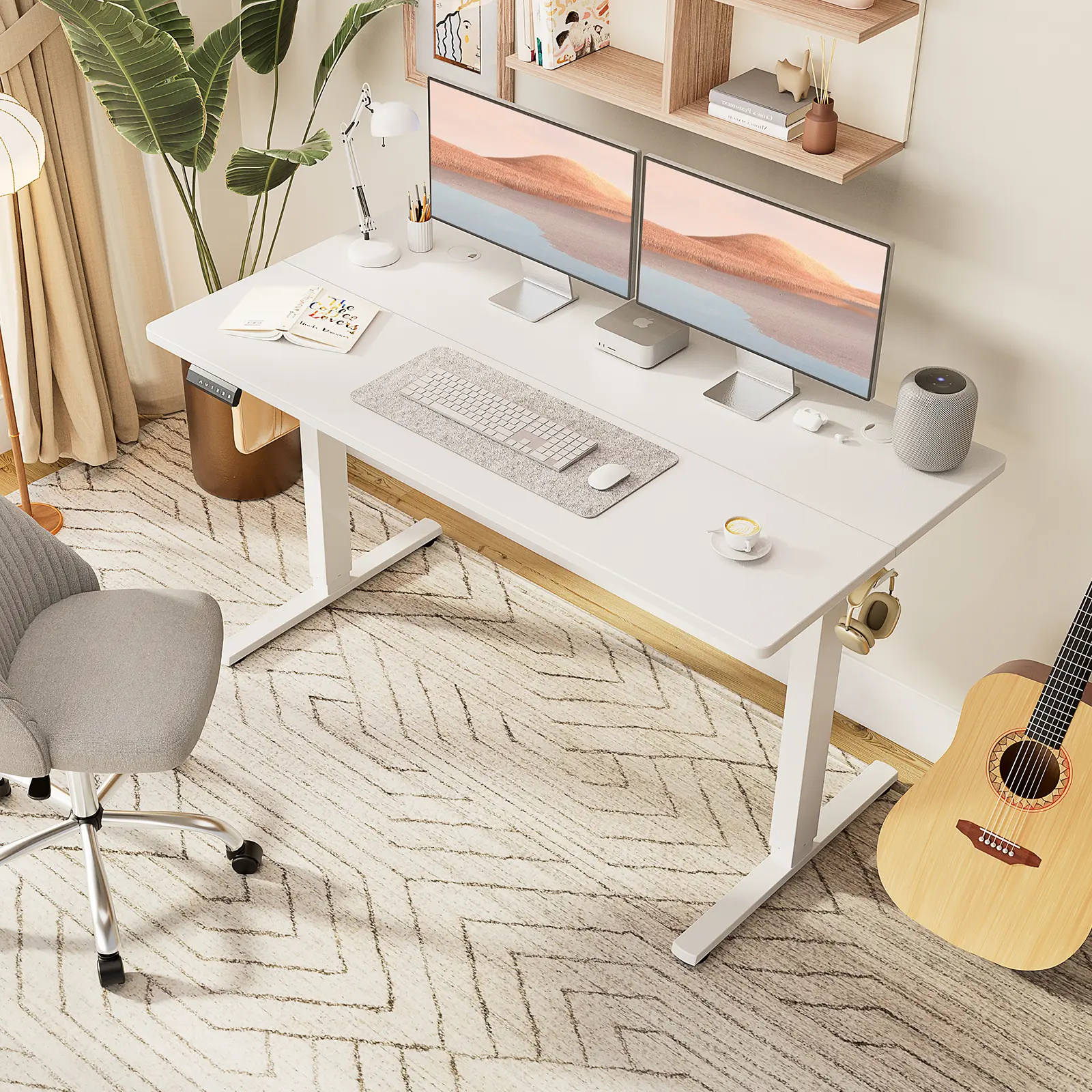 48x24 in Rectangular Wood Top Electric Standing Computer Desk - Height-Adjustable Sit-Stand Office Furniture for Family, with Memory Presets, Cable Management, Dual Monitor Hooks, LED Display, Easy Install Tool, Assembly Required, Standing Desk