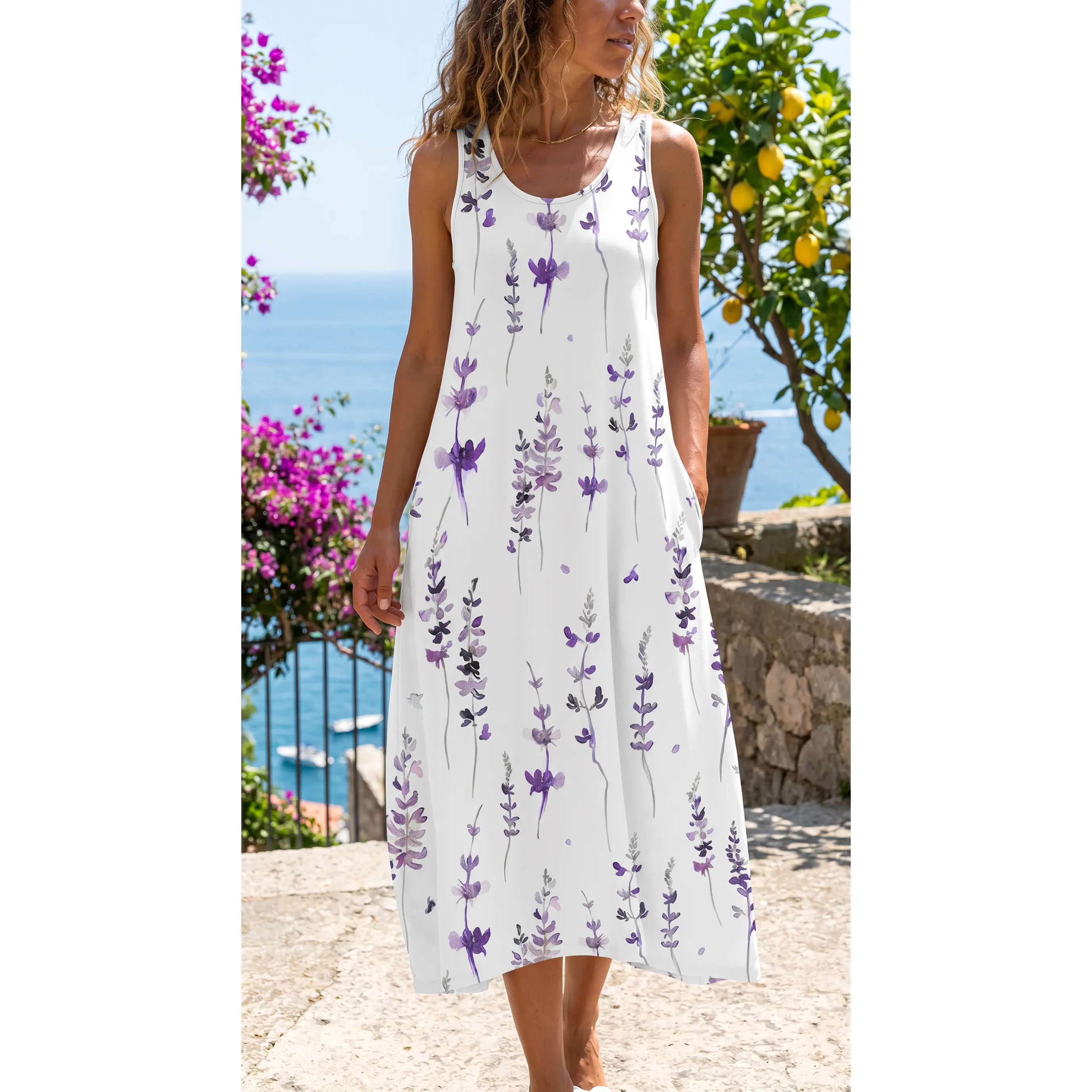 Women's Amalfi Lavender Floral Print Flat Loose Lightweight Comfortable Sleeveless Beach Maxi Dress, Pocketed, Multi-Size