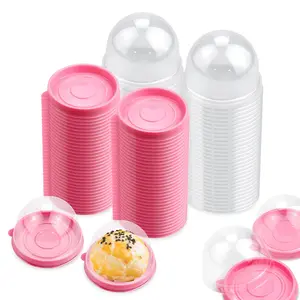 100 Set Mini Cupcake Boxes – 2.75" Round Pink Individual Muffin Containers with Clear Dome Lids, Disposable Plastic Holders for Wedding, Birthday, Mooncake, Pastry & Dessert Favors
