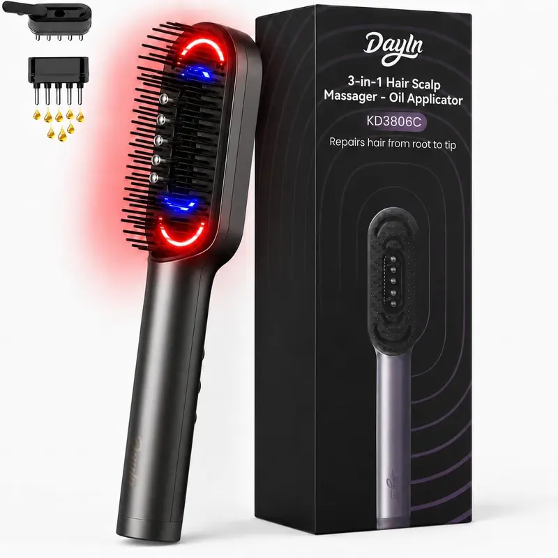 DayIn 3-IN-1 Cordless Electric Scalp Massager - Chrome Silver Adult Hair Accessory, Self Care/Personal Care Gadget, Portable Grooming Brush, Hair Oil Applicator, Waterproof Red Light Deep Clean Comb for Home/Travel (Apply Oil First)