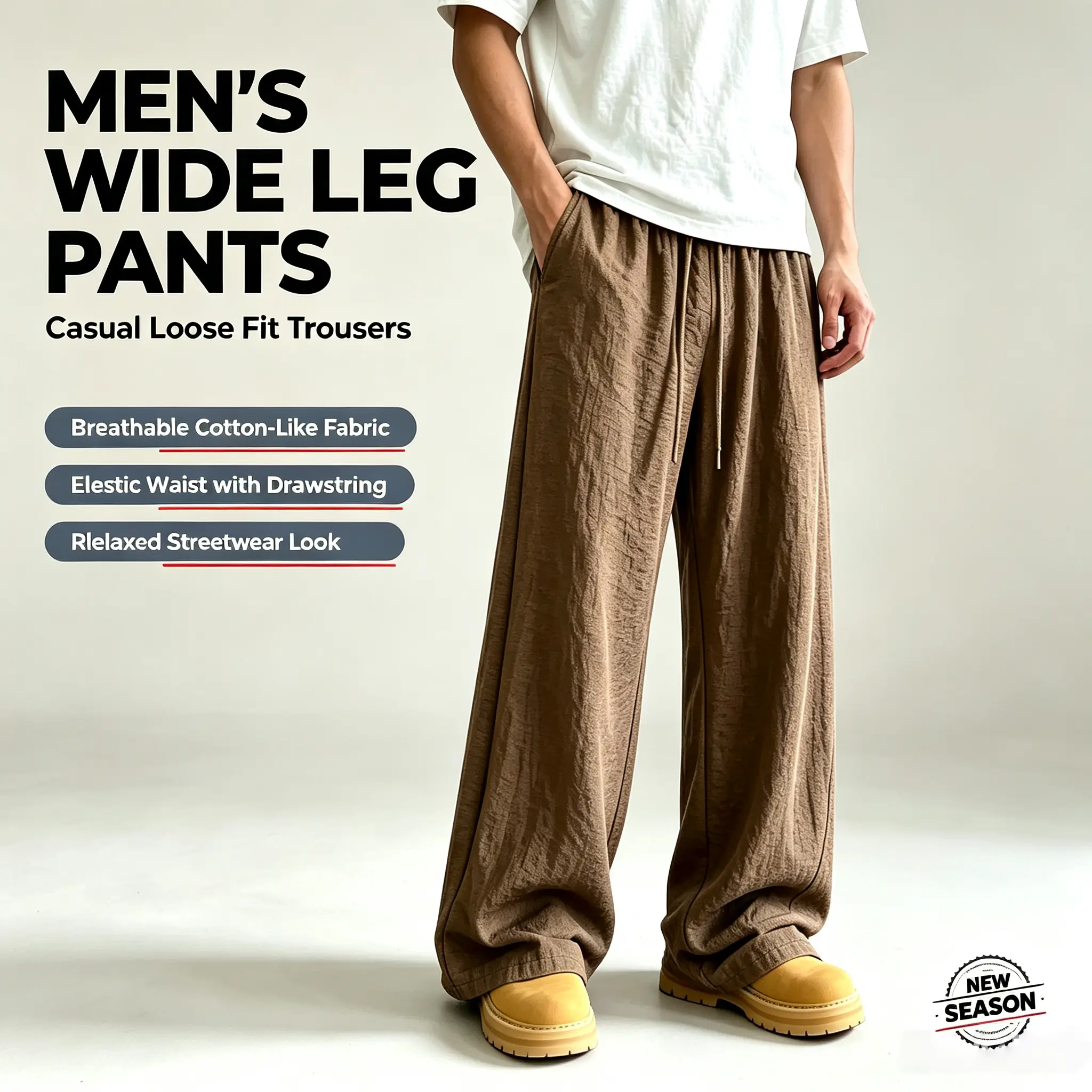 Men’s Wide-Leg Casual Trousers - Menswear Clothes with Elastic Waistband Drawstring, Breathable Polyester Cotton-Like Fabric, Loose Street Style Fit, Casual Chic, Mid Waist