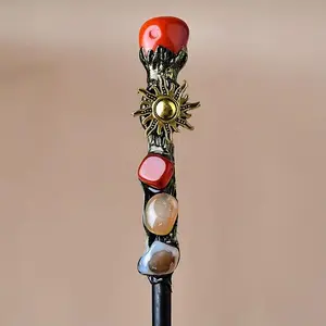 Boho Style Natural Crystal Wand, Hand Selected Crystals, 1 Count Handmade Wooden Wand with Artificial Crystal Beaded, Office Desktop Ornament, Cosplay Party Costume Prop, Stage Performance Accessories