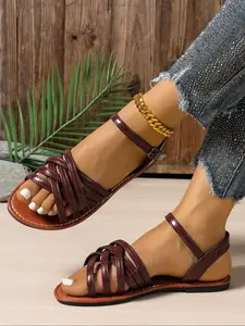 Women’s Fashion Flat Sandals with Double Cross Strap Design, Back Buckle Closure, Burgundy Color, Perfect for Summer Wear
