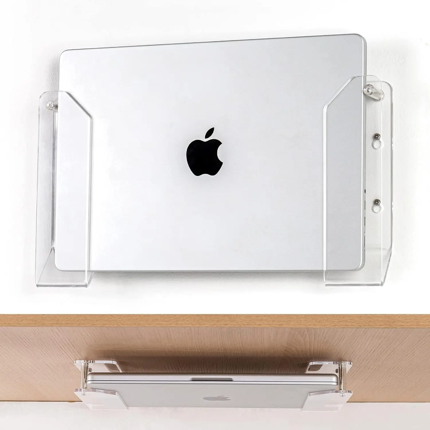 Wall Mount Laptop Holder - Also  as an Under Desk Laptop Mount, Clear , with Adhesive & Screw, for Macbooks, Surface, Keyboards, , Tablets & More