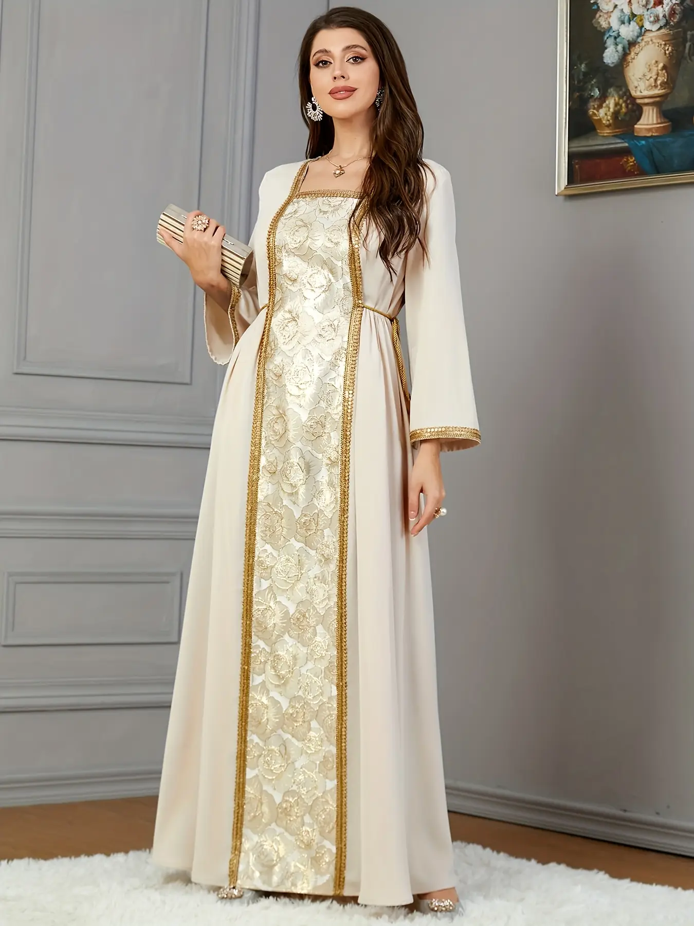 Elegant Abaya Dress for Women, Embroidered Brocade Fabric, Long Muslim Robe for Party & Evening Wear, Eid Fashion, Abayas For Eid