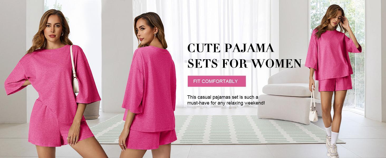 Imily Bela Womens 2 Piece Outfits 3/4 Sleeve Tops and Elastic Waist Shorts Lounge Sets Loungewear