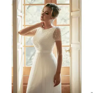Gown Mesh Sequin Neck Simple Wedding Dress For Bride Round Short Sleeve Contrast White