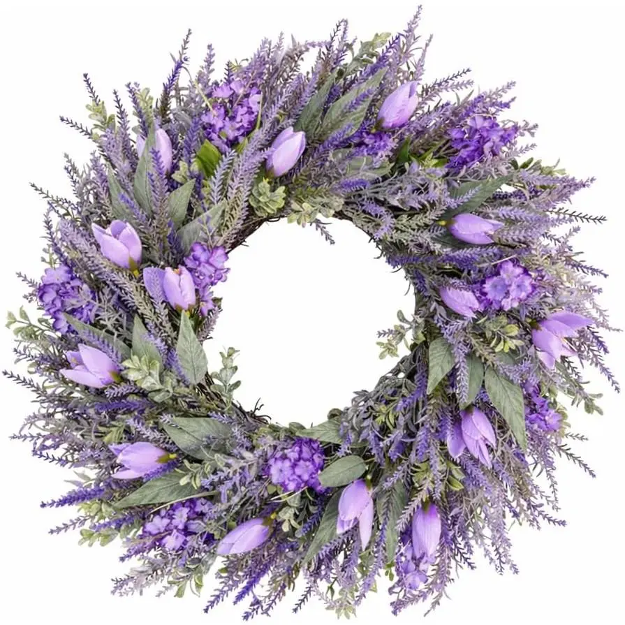 26" Large Spring Wreaths For Front Door-Large Lavender Tulip Easter Wreath Flower Wreath Summer Spring Door Wreaths Outdoor All Season Spring Decoration for Home Porch Room Window Wall Farmhouse Decor