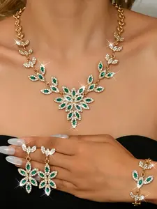 4-piece emerald green small leaf rhinestone pendant necklace jewelry set, aristocratic ladies' banquet party style jewelry set (1 necklace+2 earrings+1 bracelet)