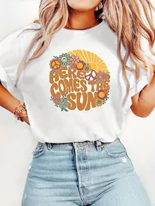 Women'S Boho Retro Sunflower T-Shirt - Here Comes The Sun 70s Hippie Tee for Summer - Hot Deal, Limited Time!