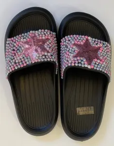 BLACK SLIP ON SLIDES WITH GRAPHICS PINK STAR Footwear Flipflop Women Walking Shoes Girl Slipper
