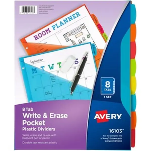 Avery Write-On Binder Dividers, 8-Tab Stylish Assorted Colors Write-Erase Tabs, Tear-Resistant Plastic, Diagonal Translucent Pockets for Document Storage, School Use, Week Planning Organization