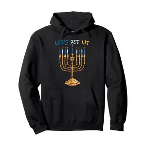 Men's & Women's Lets Get Lit Hanukkah Hoodie - Hebrew Menorah & Design with BlueYellow Print, Front Pocket - Jewish Holiday Sweatshirt Gift for Family, Friends, Hanukkah Party Apparel