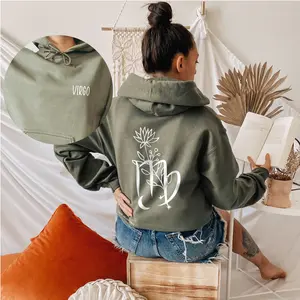 [Full 12 Zodiac] Zodiac Sign Flower Hoodie | Oversized Maroon Pullover for Astrology Lovers | Celestial Moon and Daisy Graphic Cozy Spring Jumper